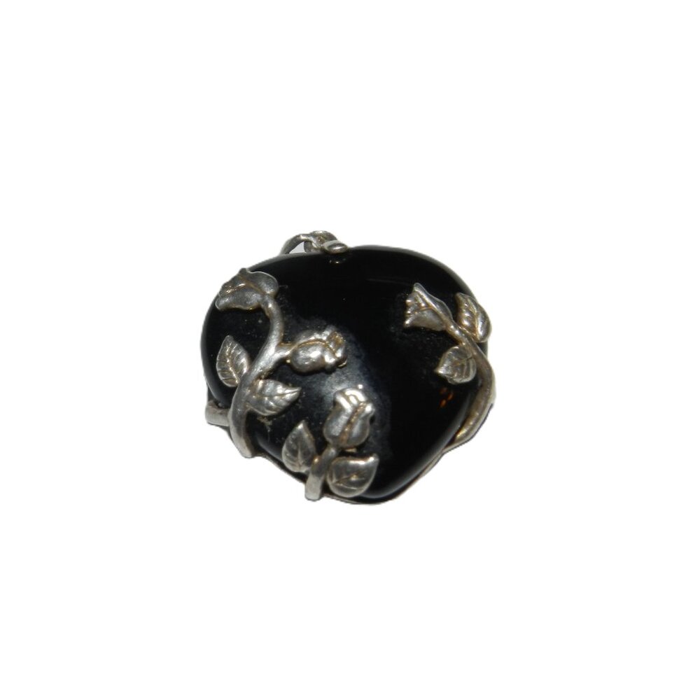 Vtg JC Black Onyx Heart Pendant Charm Necklace Heavy Patina Sterling Silver 925